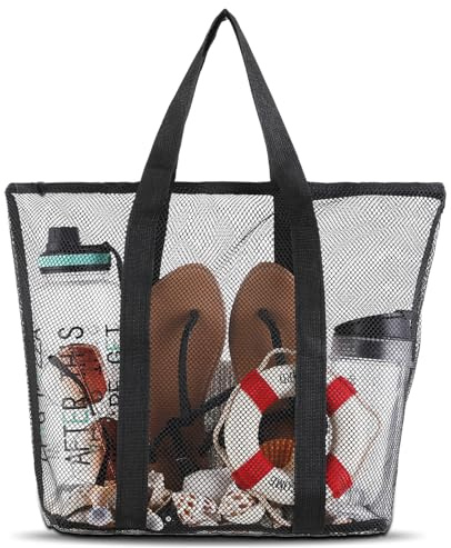 Andibro Groß Netz Strandtasche, Mesh Beach Bag Faltbare Handtaschen mit Reißverschluss Wasserdicht Pooltasche Sandspielzeug Tasche für Strand Urlaub Reise