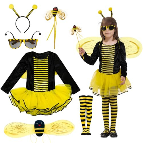 MAXHJX Costume Abeille Robe pour Filles: Déguisement Abeille de Carnaval avec Ailes Baguette Magique et Lunettes - Abeille Déguisement pour Halloween et Cosplay (Abeille, 130(7-8 ans))