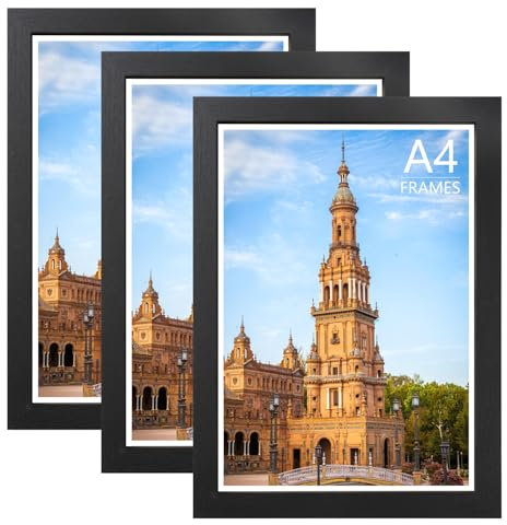 Uhogo A4 Frame Black Set of 3-21 x 29.7cm Picture Frame A4 Photo Frame with Safe Perspex Front and Hanging Hooks - Wall and Tabletop Display, Landscape or Portrait, Black