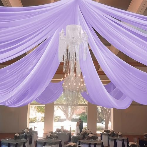 REWOMC 6 Panels Lavender Ceiling Drapes for Wedding 5ftx20ft Chiffon Fabric Arch Draping Curtains Sheer Drapery for Party Ceremony Birthday Baby Shower Reception Stage Swag Ceiling Decorations