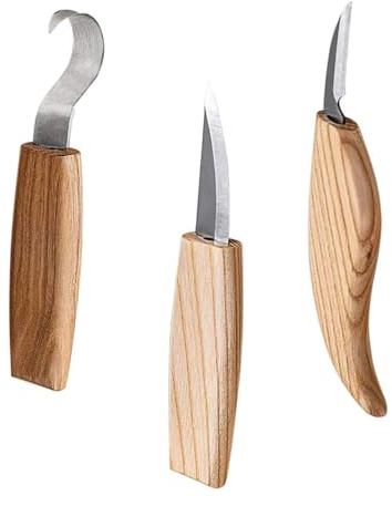 Set di Coltelli per Intaglio Legno 3 Pezzi Manico Legno | Acciaio Inossidabile, Colore Khaki, per Laboratorio di Scultura, Taglio Affilato e Presa Confortevole