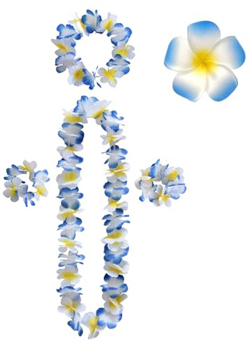 Lilbitty 5Pcs Blumenkette Deko Leis Blumenketten Hawaii Ketten Blumen Mit Halskette Stirnband Armband Haarclips, Luau Blumengirlande FüR Hawaii Strandpartys Hochzeit, blau und weiß