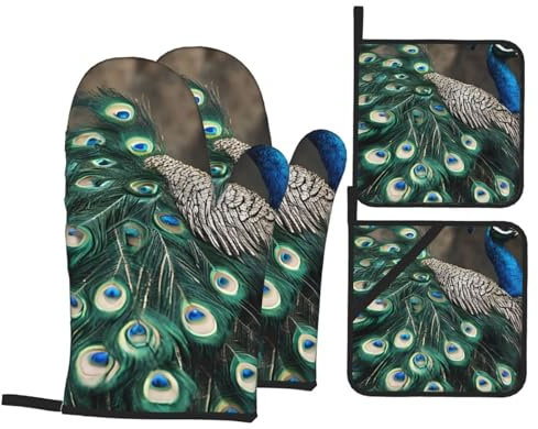 Mitaines De Four, Plume De Paon Verte Baking Gloves Anti Chaleur Maniques Cuisine Résistant À Chaleur Oven Mitts pour Cuisson Barbecue Cuisine