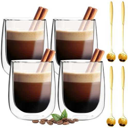 weiclianhp Latte Macchiato Set di 4 bicchieri da cappuccino da 350 ml, con cucchiai e sottobicchieri, a doppia parete, per cappuccino, latte, tè, gelato, iced americano, succo