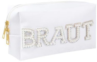 Braut Tasche, Braut Perle Buchstaben Make up Tasche PU Reise Wasserdicht Bride Kosmetiktasche Tragbare Schminktasche Braut Geschenke Hochzeit Brautparty JGA Party Zubehör