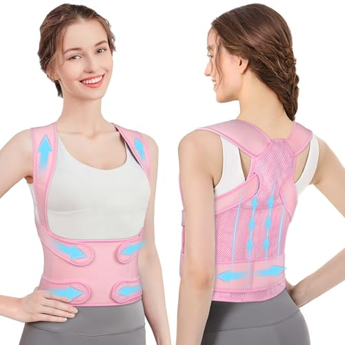 AYESY Fascia Correttore Posturale Spalle Schiena, Correttore Postura Uomo Donna, Tutore Spalla Busto Schiena Dritta Elastica Regolabile, Fascia Lombare Busto Supporto, Ortopedico Cintura Rosa M