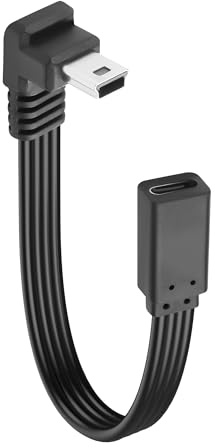 JSADZKJ Corto Tipo C a Mini USB Cable Plano de Carga y Sincronización de Datos de 90 grados Mini 5-Pin Hembra a USB C Macho Adaptador para Tablet,Videocámara-0.65ft (Ángulo abajo)