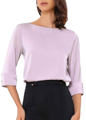 Allegra K Womens Dressy Blouse Elegant Boat Neck 3/4 Sleeve Satin Work Tops | Smooth Silkly Business Shirt, Office Professional Interview Outfits for Spring Summer Fall