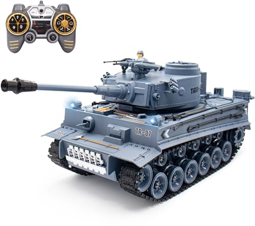QuirkyGlee 1:18 Remote Control Army Tank German Tiger I RC Tank Model Toys - 15 Channel Full Function 360-Degree Rotating Turret Smoke Military Toy, Army Battle Tanks for Adults
