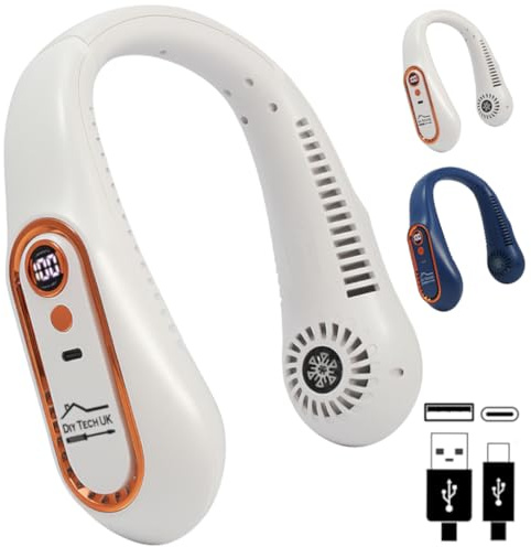 DIY TECH UK - CoolBlast Dual Action - Ventilador de cuello recargable por USB - Ajustable - Ventilador de cuello portátil personal sin aspas manos libres - 5 velocidades - Portátil para deportes