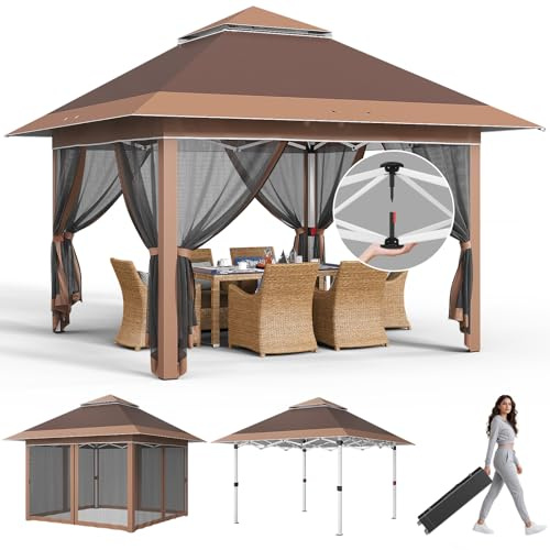 JUMMICO Pop Up Pavillon 3,24x3,24 Wasserdicht Stabil Winterfest mit 4 Moskitonetz Seitenteilen, Faltpavillon UV Schutz 50+, Doppeldach Pavillion für Patio Familientreffen,Braun