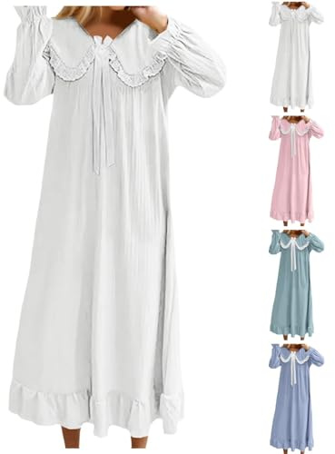 Camisón largo para mujer, manga larga, estilo victoriano, vestido de noche con lazo y ribete de encaje, bonito camisón de princesas, camiseta de dormir vintage, suave, ropa de dormir, ligera, suelta