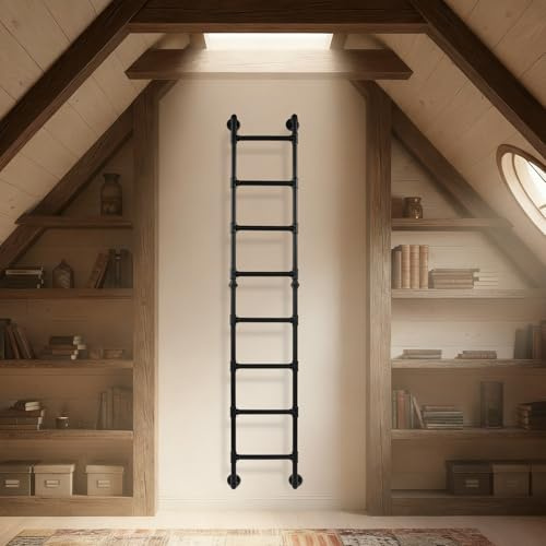 8-Rung Wall Mounted Ladder, Heavy-Duty Metal Egress Window & Loft Ladder for Basement, Attic Bunk Bed, Fire Emergency Escape - 330LBS Load (7.97ft Black)