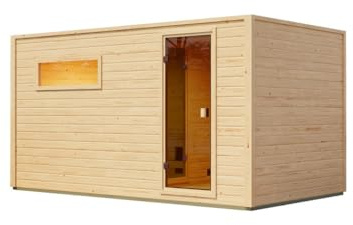 Karibu Gartensauna 396,1x224,9x212,4cm│Außensauna mit Vorraum│mit bronzierter Glastür & 2 Liegen│Fronteinstieg│Massivholz│9 kW Ofen mit EXT. Steuerung & Saunasteinen│für 2–4 Personen + Boden