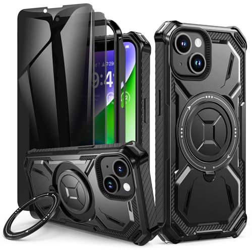 Lanhiem Coque pour iPhone 13/14 avec 2 Verre Trempé Anti-Espion, Antichoc Étui de Militaire Protection, Anneau Support Renforcée Armure Etui pour iPhone 13/14 Housse, Noir