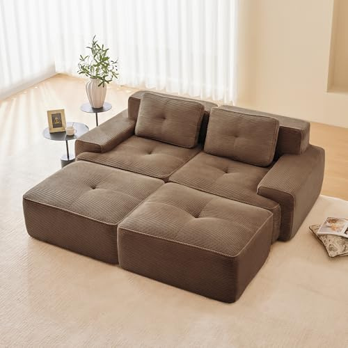 Luscriate Modulares Sofa Schlafsofa mit Hocker, Boneless Modular Sofa Couch Ohne Montage, Couch Cloud Extra Tiefer Sitzfläche Polstersofa für Wohnzimmer, Brown 2-Sitzer+2(Brown, 2S+2)