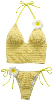 SOLY HUX Women's Textured Tankini Swimsuits 3D Floral Halter Tie Side Bathing Suit Beach Vacation Two Piece Swimsuit Solid Yellow Large