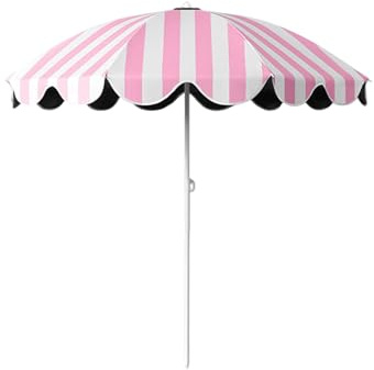 Ombrellone da Spiaggia con Bordo Smerlato, Ø155 Cm, Ombrellone Portatile a Righe per Esterni, UPF50+, per Giardino, Piscina, Prato, Cortile(Pink)