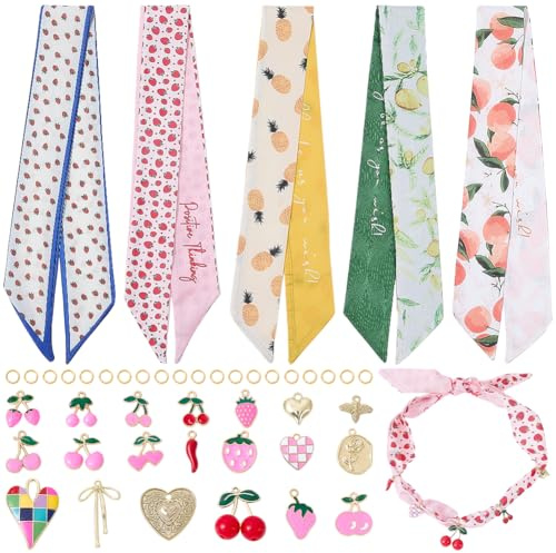 BEAMARKER 55 Pièces Collier Écharpe DIY avec Charms Collier Turban Mignon Fruit Doré Charms Alliage Cerise Fraise Poivre Coeur Arc Pendentif Bijoux Réglable Écharpe Collier Turban Femme Homme