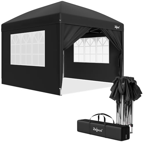 Zelsius Foldable Gazebo 3 x 3 m with Side Walls | Black | Pop-Up Folding Gazebo UV30, Garden Tent Foldable Folding Party Tent with Side Walls | Shelter for Garden, Sun Protection, Garden Gazebo
