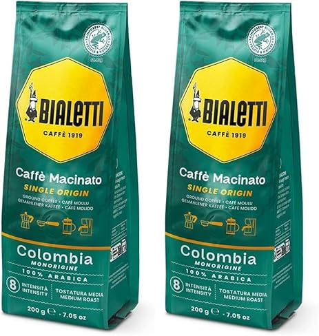 Bialetti Café Moulu Colombie Origine Unique 100 Pour Cent Arabica 200g Torréfaction Moyenne Intensité 8 (Lot de 2)
