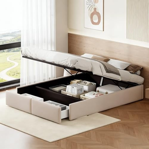 BRILVERDE Polsterbett 160x200 mit Stauraum, Doppelbett mit 2 Schubladen, Jugendbett, Bettgestell mit Lattenrost, Bettrahmen für Erwachsene, Linen (Beige, 160 x 200 cm)