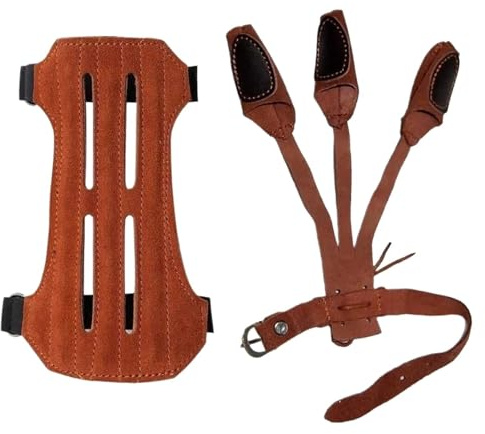 Armskydd bågskytte mocka läder fingerskydd armskydd bågskytte skjutövningar båge pil sport brun skyddshandske äkta kohud 3 fingrar (set a)