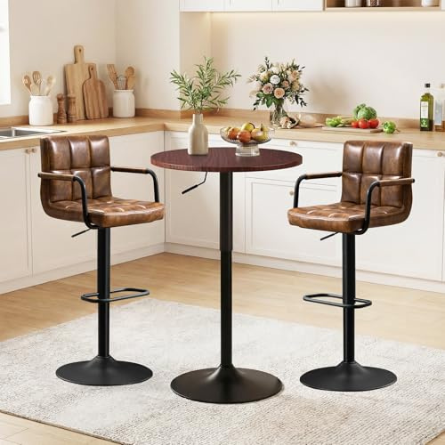Ckaff 2in1 Bartisch Runder Stehtisch, Bistrotisch 360° Drehbar Höhenverstellbar 70–91.5cm, Ø 60cm Partytisch aus Metall für Klub Wohnzimmer Küche Balkon, Braun