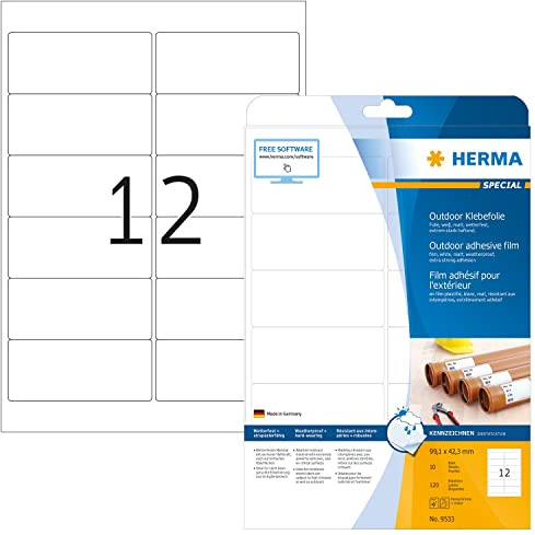HERMA 9533 Wetterfeste Folienetiketten, 10 Blatt, 99,1 x 42,3 mm, 12 pro A4 Bogen, 120 Stück, selbstklebend, bedruckbar, matt, blanko Outdoor Klebeetiketten Aufkleber aus Polyethylen, weiß