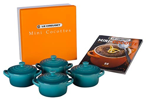 Le Creuset Juego de 4 mini cocottes de gres con libro de cocina, 8 onzas cada una, Caribe