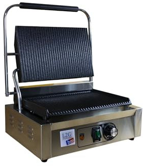 L2G - Piastra per panini professionale - In acciaio inox + piastra in ghisa con rivestimento in ceramica - Cassetto per la raccolta del grasso - Termostato fino a 300°C - Zona di cottura 34 x 23 cm