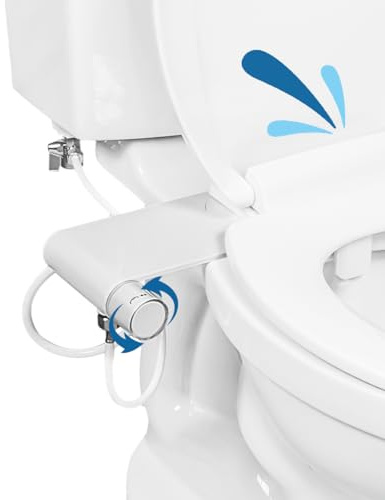 Rear & Feminine Right Handed Ultra Thin Bidet Attachment for Toilet with Self Cleaning Dual Nozzles - No Wiring Needed - Easy DIY Install - Includes Hybrid Brass 3-way T with ON/OFF & Travel Bidet