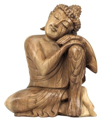 Artisanal Statua di Buddha seduto 30 cm - Legno massiccio grezzo intagliato a mano.