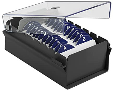 Acrimet Visitenkartenbox, Visitenkartenetui aus widerstandsfähigem Metall (Einschließlich Leitregister aus Karton A - Z mit 95mm breite x 68mm höhe) (Schwarz Farbe mit Kristallklarer Kunststoffdeckel)