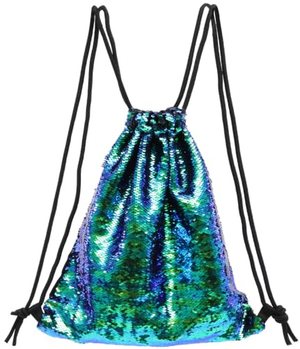 LUOEM Pailletten Kordelzug Rucksack Grün Mit Innentasche Für Schlüssel Geld Und Handy Sporttasche Für Freizeit Spaziergang 15.75X11.81X0.39 Zoll | Verstellbarer Riemen, Reißverschluss, geflochtener Kordelzug mit Ösen, für Alltag, Sport und Reisen