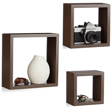 Relaxdays Hängeregal Würfel 3er Set, Wandboard Cube, Schweberegal quadratisch, MDF, klein, verschiedene Größen, braun, 25 x 25 x 25 cm