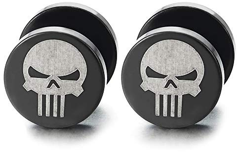 Acciaio Argento Nero Punisher Cranio Orecchini da Uomo, Finto Dilatatore Fake Cheater Plug Gauges, 1 Paio(10MM)