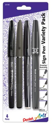 Pentel Arts Sign Stift mit Faserspitze, verschiedene Federn, schwarze Tinte, 4 Stück