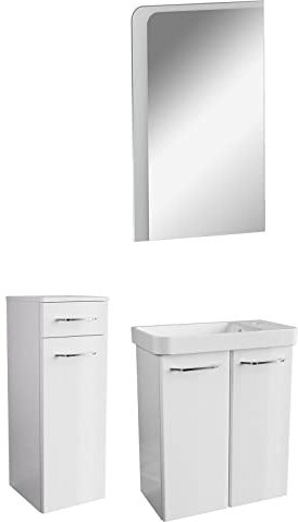 FACKELMANN weißes Hochglanz Badmöbel Set 4-TLG. Milano Gäste WC mit Waschbeckenunterschrank 55 cm & LED Badspiegel