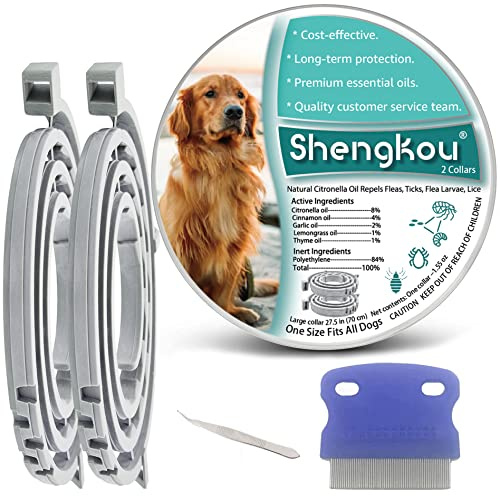 Flea and Tick Collar for Large Dogs 2 Pack, Waterproof & Adjustable Dog Flea Collar with Natural Essential Oils, 12-Month Protection, Includes Flea Comb & Tweezers in Premium Aluminum Gift Box