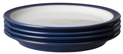 Denby - Elements Dark Blue Dinner Plates Set of 4 - Dishwasher Microwave Safe Crockery 26.5cm - Navy Blue, White Ceramic Stoneware Tableware - Chip & Crack Resistant Large Plates