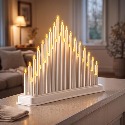 Marco Paul White Christmas Candle Bridge - 33 Warm White LED Flameless Candle Lights Battery Operated - Pre-lit Candlebridge for Traditional Christmas Decorations