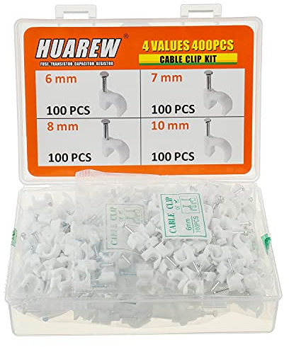 HUAREW 4 tamaños 400 piezas de plástico blanco de acero para uñas se aplican a RG6 CAT5 CAT6 Ethernet/cable de televisión, teléfono,cable de impresión, Grapas de pared para cables 6/7/8/10 mm