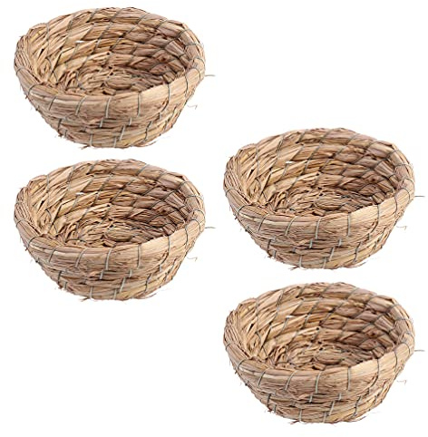 Bird Decor 4pcs Handmade Woven Flat Base Straw Bird Nest Breeding Nest Hatch House Cage for Dove Pigeon Parrot Rabbits Hamster Gerbil Guinea Pig Chinchillas Nest Bee Hive Decor