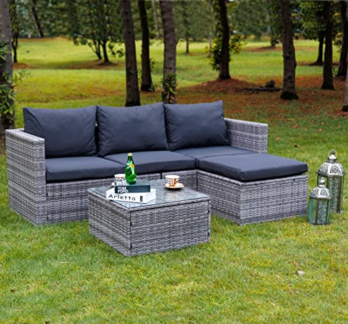 GOODS EMPORIUM Rattan Garden Corner Sofa with Coffee Table Patio Furniture- 3 to 4 Seater Rattan Corner Sofa Garden Furniture Sets - FREE RAIN COVER INCLUDED (‎Grey Mixed With Dark Grey Cushions)