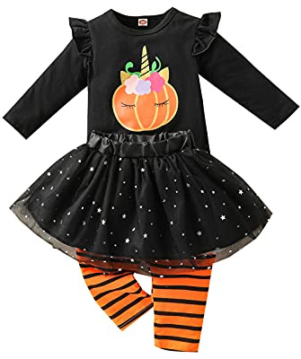 Verve Jelly Neonate Neonato Halloween Outfit Divertente Manica Lunga Zucca Top Gonna In Tulle Pantaloni Lunghi A Righe Set 3 Pezzi Autunno Inverno Vestiti Set Nero A 100 18-24 Mesi