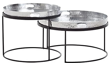 möbelando Couchtisch 2er Set Silber/Schwarz Metall Hammerschlag Satztisch Rund | Sofatisch abnehmbares Tablett | Tabletttisch Sofa 2 teilig Modern | Runder Beistelltisch