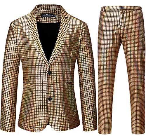 LucMatton Herren 2-teiliges Disco-Set, glänzende Jacke und Hose, metallische Pailletten, gold, S