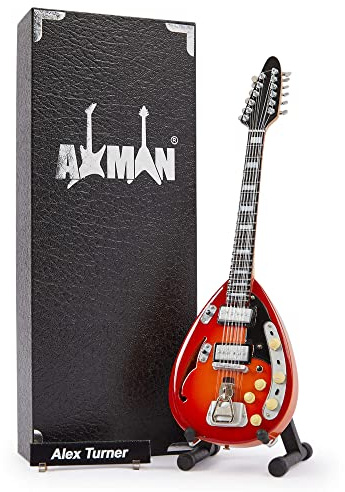 Axman Alex Turner - Replica di chitarra in miniatura, idea regalo musicale, fatta a mano, in scala 1/4, include una scatola espositiva, targhetta per il nome e un supporto per chitarra in miniatura
