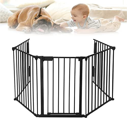 Froadp Kaminschutzgitter Metall Ofenschutzgitter mit Tür 300x75cm Laufgitter Laufstall Absperrgitter Tierschutzgitter inkl. 5 Elementen Kamingitter Kinderschutz Schutzgitter für Kaminofen (Schwarz)